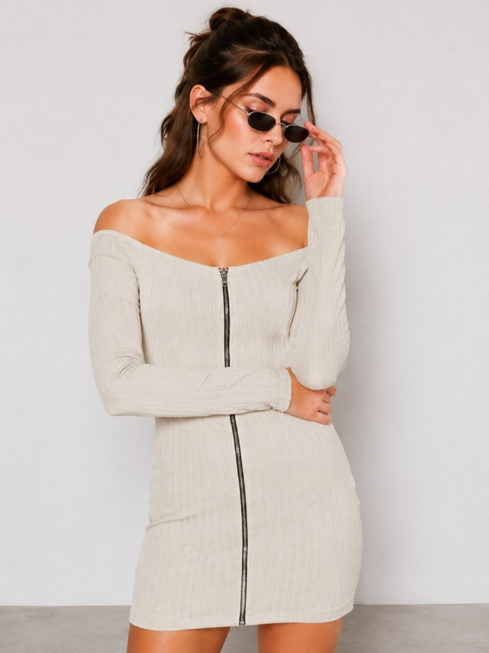 Off White Ribbed Off Shoulder Mini Dress Zip Front NWT